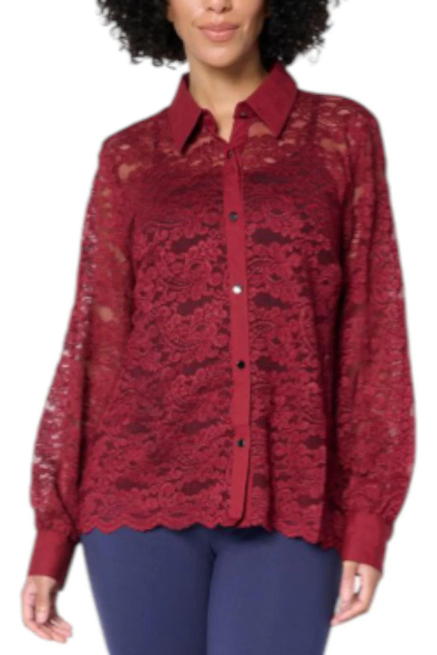 Colleen Lopez Women's Woven Lace Button-Front Shirt Red Wine - Plus